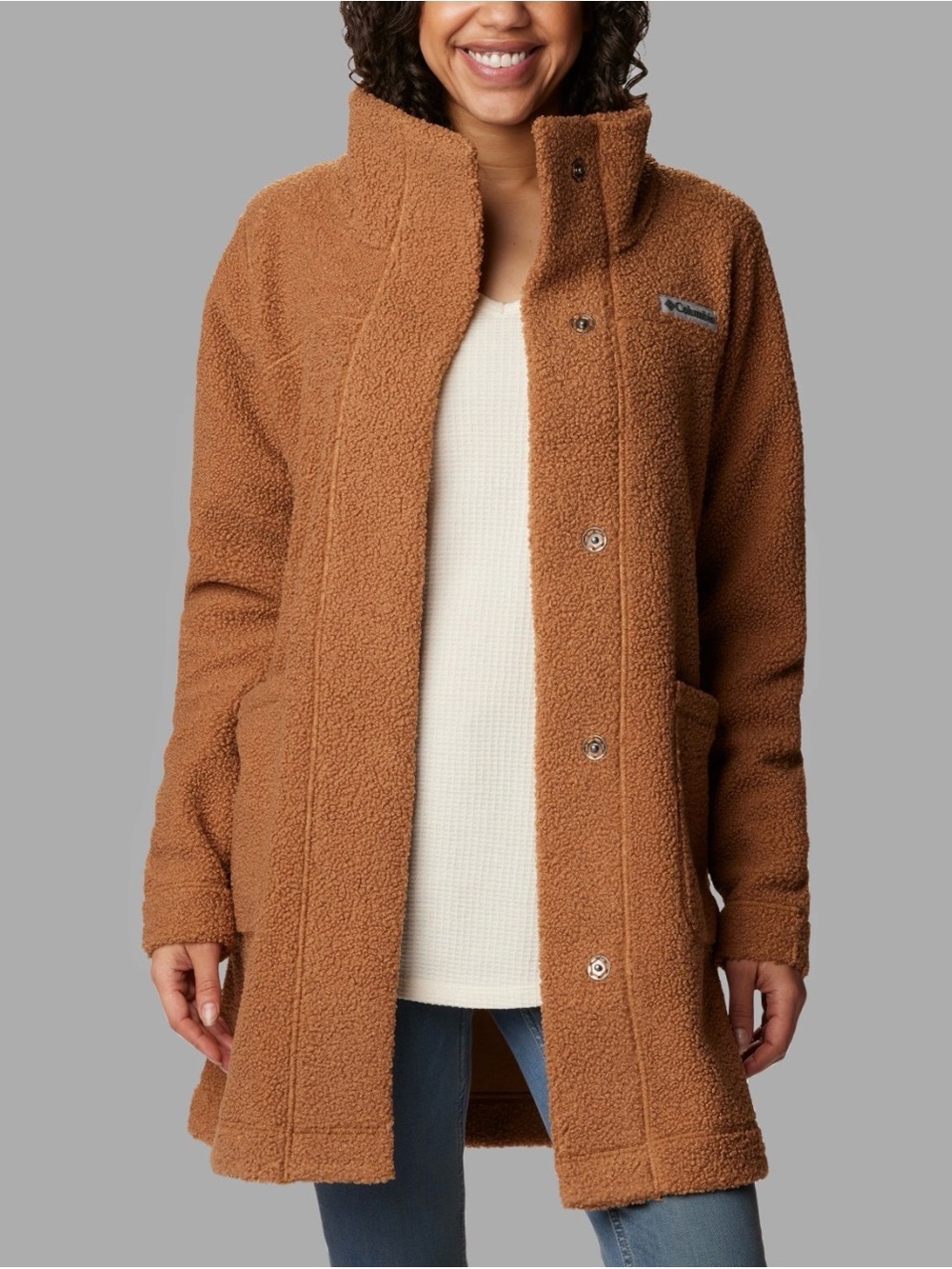 Columbia Panorama Long Jacket Sherpa Large Fleece Coat Camel Brown Women